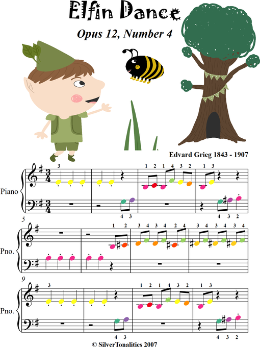Cover image for Elfin Dance Opus 12 Number 4 Beginner Piano Sheet Music with Colored Notes